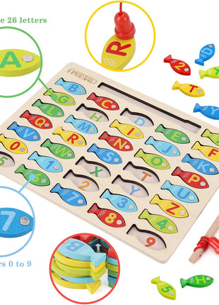 Magnetic Wooden Fishing Game Toy for Preschoolers, Alphabet Fish Catching Counting Games Puzzle with Numbers and Letters, Preschool Learning ABC and Math Educational Toys for 3 4 5 Years Old Kids