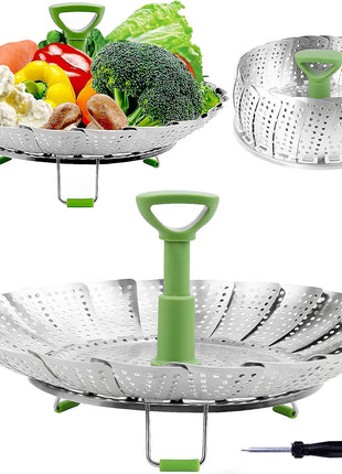 Consevisen Vegetable Steamer Basket for Cooking Food, Stainless Steel Veggie Steam Basket for Pot, Folding Expandable Steaming Insert with Extendable Handle Fits Various Size Pot, 5.1 inch to 9 inch