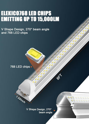 ELEKICO 6 Pack 100w 8ft Led Shop Light, Super Bright 15000lm 5000k V Shape 8' Led Shop Lights, Linkable 8 Foot Led Shop Lights for Garage Warehouse, Supermarket, Basement, Barn, Storage Area