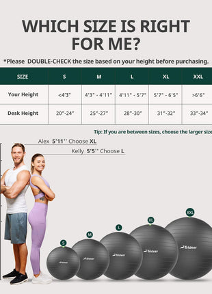 Trideer Yoga Ball for Exercise, Pregnancy & Birthing, 5 Sizes Exercise Ball for Physical Therapy, Stability, Fitness, Quick Pump Included