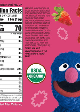 Earth's Best Organic Kids Snacks, Sesame Street Toddler Snacks, Organic Sunny Days Snack Bars for Toddlers 2 Years and Older, Strawberry with Other Natural Flavors, 16 Bars Per Box