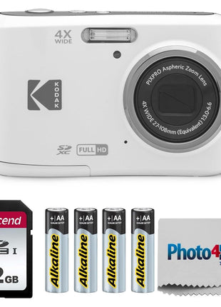 KODAK PIXPRO FZ45 16MP Digital Camera with 4X Optical Zoom 27mm Wide Angle and 2.7" LCD Screen Bundle with 32GB SD Memory Card, AA Batteries (4 Pack), Lens Cleaning Cloth (White)