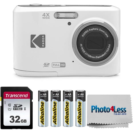 KODAK PIXPRO FZ45 16MP Digital Camera with 4X Optical Zoom 27mm Wide Angle and 2.7" LCD Screen Bundle with 32GB SD Memory Card, AA Batteries (4 Pack), Lens Cleaning Cloth (White)