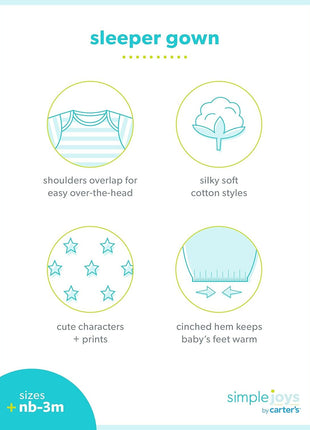Simple Joys by Carter's Baby Girls' Cotton Sleeper Gown, Pack of 3, Light Pink Bunny/White Rainbow/Elephants, 0-3 Months