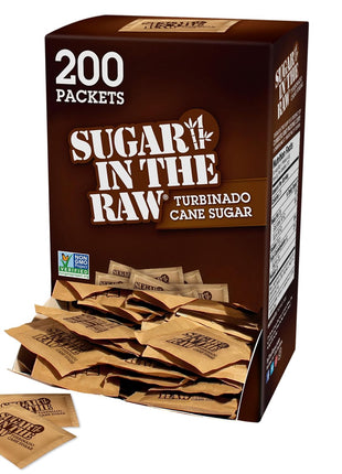Sugar In The Raw Turbinado Cane Sugar Packets, 200 Ct Box, 1 Pack, Pure, All-Natural Turbinado Sugar, Non-GMO Project Verified, Kosher, Vegan and Gluten Free