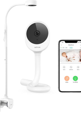 NETVUE Peekababy Baby Camera with Wireless Audio, Adjustable Crib Mount Monitor, Works via 2.4GHz Wi-Fi for Wide Coverage & Stable Connection, Smart App, Two-Way Talk, No Screen (White)