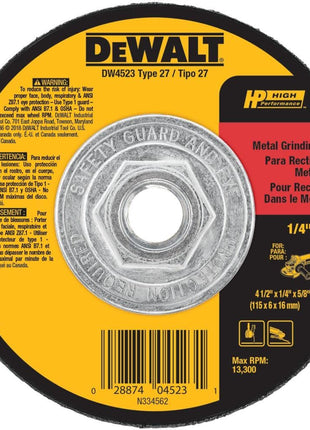 DEWALT Grinding Wheel, General Purpose for Metal, 4-1/2-Inch x 1/4-Inch x 5/8-Inch (DW4523)