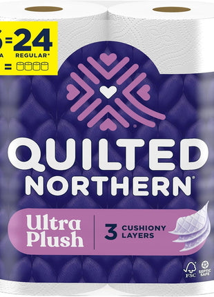Quilted Northern Ultra Plush Toilet Paper, 6 Mega Rolls = 24 Regular Rolls, 3X Thicker*, 3 Ply Soft Toilet Tissue
