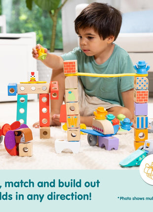 Melissa & Doug BlockablesTM Vehicles Snap and Play, Mix and Match Connectable Wooden Building Blocks Play Set Toy for Preschool Boys and Girls (54 Pcs)