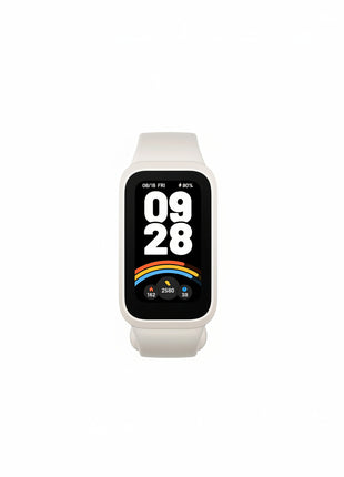 White smartwatch with a black display showing date and health metrics.