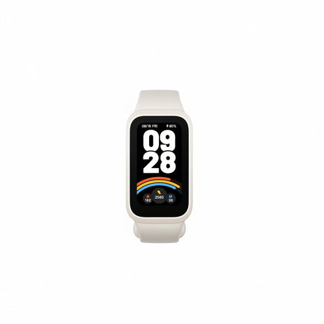 White smartwatch with a black display showing date and health metrics.