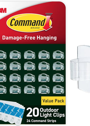 Command Outdoor Light Clips, Clear, 20 Clips, 24 Weather Resistant Strips | Damage-Free Hanging Light Clips with Adhesive Strips, No Tools Mini Wall Hooks for Hanging Decorations in Living Spaces
