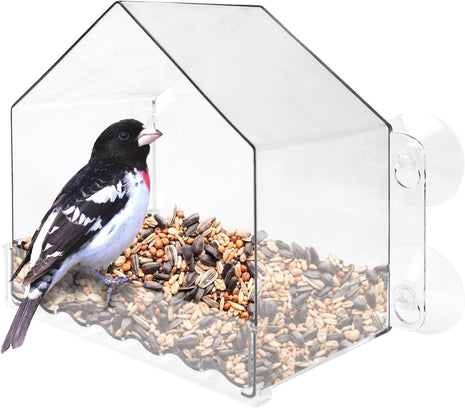 Nature's Way Win-3 Clear View Window Bird Feeder with Strong Suction Cups, Transparent Outdoor Wild Bird Seed Feeder and Décor, 2 Cup Capacity, Clear, 6.5 inch