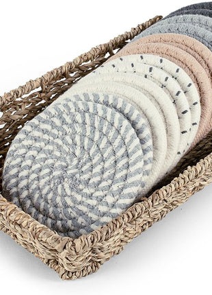 12 Pcs Cotton Woven Coasters for Drinks with Basket (Grey) | 4.3" absorbent cotton woven coasters with 0.35" thick design; helps protect wooden tables from heat, moisture and cup marks