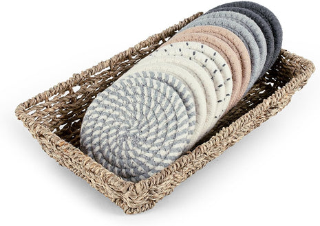 12 Pcs Cotton Woven Coasters for Drinks with Basket (Grey) | 4.3" absorbent cotton woven coasters with 0.35" thick design; helps protect wooden tables from heat, moisture and cup marks