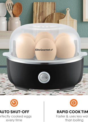 Elite Gourmet EGC115B Easy Egg Cooker, 7-Egg, BPA-Free, Classic Black | Cooks soft, medium, or hard-boiled eggs with auto shut-off - electric operation - includes measuring cup