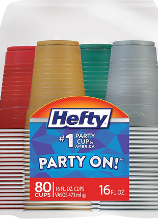 Hefty Party On Disposable Plastic Cups, Assorted, 16 Ounce, 100 Count