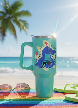 Silver Buffalo Disney Lilo and Stitch Aloha, Stainless Steel Tumbler, 40oz | Double Walled, Handle and Straw, Fits in Standard Cup Holder, Drinkware, Water Bottle, No Bad Days Chillin, Blue, 1.18 Liters