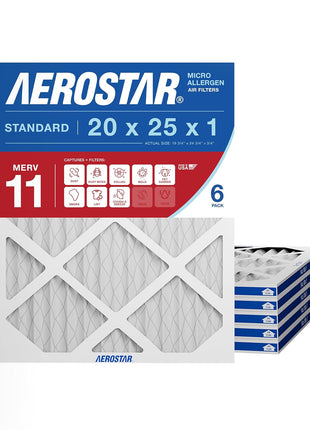 Aerostar 20x25x1 MERV 11 - 6 Count - Pleated HVAC, Furnace & Air Conditioner Filters - Removes Dust, Cold & Flu Germs, Lint, Mold, Pet Dander, Allergy-Causing Pollen, Smog & Smoke