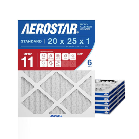 Aerostar 20x25x1 MERV 11 - 6 Count - Pleated HVAC, Furnace & Air Conditioner Filters - Removes Dust, Cold & Flu Germs, Lint, Mold, Pet Dander, Allergy-Causing Pollen, Smog & Smoke