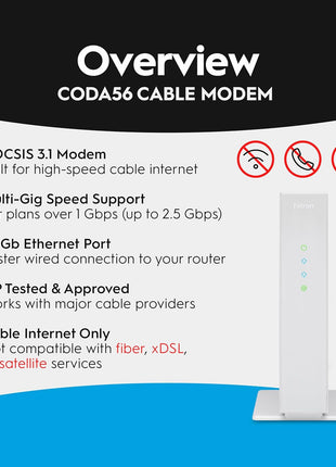 Hitron CODA56 DOCSIS 3.1 Cable Modem ONLY (NOT Fiber) | 2.5 Gbps | NO WiFi/Voice/Router | Single Ethernet Port | Xfinity/Spectrum/Cox Compatible | Requires Separate WiFi Router