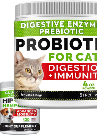 4oz Probiotics Powder + 240ct Hemp Glucosamine Joint Supplement Bundle - Relieves Diarrhea + Joint Pain Relief - Digestive Enzymes + Prebiotics + Omega 3, Hemp Oil + Chondroitin, MSM - Made in USA