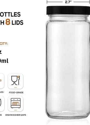 8 Pack 16OZ Glass Juice Bottles with 8 Airtight Lids & 2 Straw Lids & 2 Straws - Freezable Juice Container, Travel Juicing Jars, Drinking Water Cups - Reusable Tall Mason Jar for Tea, Juice, Smoothies