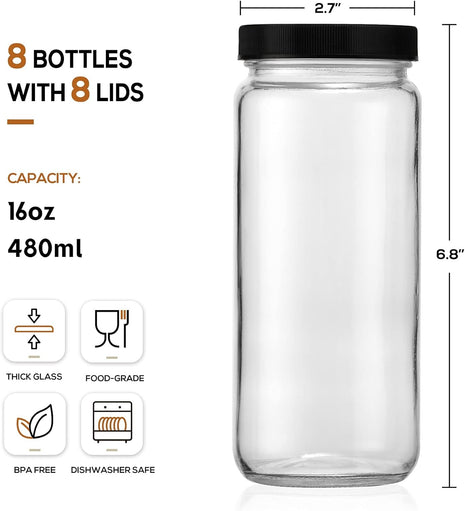 8 Pack 16OZ Glass Juice Bottles with 8 Airtight Lids & 2 Straw Lids & 2 Straws - Freezable Juice Container, Travel Juicing Jars, Drinking Water Cups - Reusable Tall Mason Jar for Tea, Juice, Smoothies