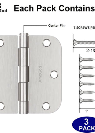 Door Hinges Brushed Nickel - 3 Pack Satin Nickel 3.5 Inch Rounded Interior Door Hinges with 5/8" Radius - Flat Iron Residential Standard 3 1/2 Inches Silver Door Hardware