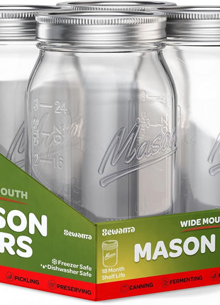 SEWANTA Wide Mouth Mason Jars 32 oz [4 Pack] With Mason Jar Lids and Bands, Mason Jars 32 oz - For Canning, Fermenting, Pickling - Jar Decor - Microwave/Dishwasher Safe.