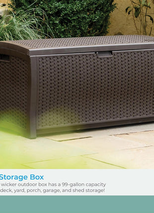 Suncast DBW9200 99 Gallon Outdoor Wicker Plastic Patio Storage Chest Bin with Handles for Patio, Garden, Garage, or Pool for All Weather, Mocha