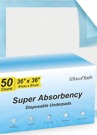 Wowflash Super Absorbency Disposable Leakproof Underpads with Quick Drying for Baby, Adults, Puppy, Dog Bed Pee Pads, Extra Large, XXL Incontinence Pads, 30" x 36", 50 Count