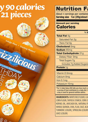 Drizzilicious Mini Flavored Rice Cakes Birthday Cake - Rice Crisps, Healthy Snack for Adults and Kids, Vegan, Gluten Free Snack, Allergen Free, Only 90 Calories Per 21 Pieces - 4 oz (Pack of 2)