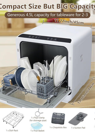 Portable Countertop Dishwasher, Compact Mini Dishwashers with 5 L Built-in Water Tank, 5 Washing Programs, Air-Drying Function, 360° Dual Spray & High-Temp, for Home, RV, Apartment, Pure White