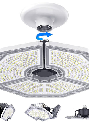 KERNOWO LED Garage Lights, 140W 18500 Lumens Garage Lighting, 6000K Daylight with Deformable Three Panel Ceiling Light Fixture E26/E27 Triple Glow LED Shop Light for Basement Workshop Warehouse