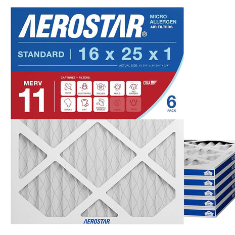 Aerostar 16x25x1 MERV 11 - 6 Count - Pleated HVAC, Furnace & Air Conditioner Filters - Removes Dust, Cold & Flu Germs, Lint, Mold, Pet Dander, Allergy-Causing Pollen, Smog & Smoke