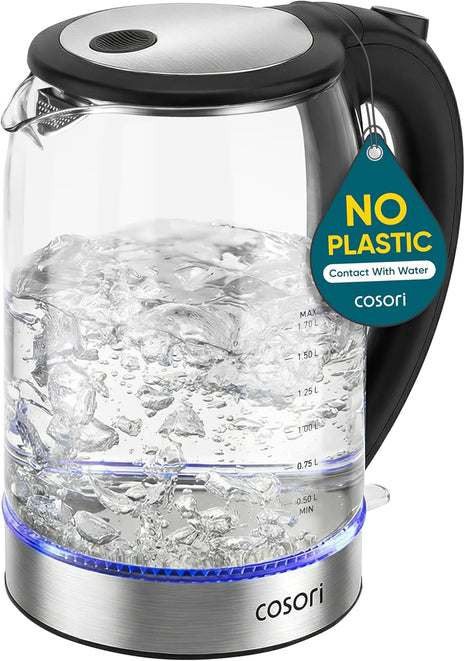 Cosori Electric Kettle, No Plastic Contact with Water, 1.7L, Black | Wide Opening, Easy to Clean, Auto Shut-Off, Boil-Dry Protection, Tea Kettle, Hot Water Boiler, Borosilicate Glass, 1500W