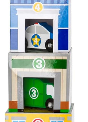 Melissa & Doug Nesting and Sorting Blocks - 6 Buildings, 6 Wooden Vehicles - FSC Certified