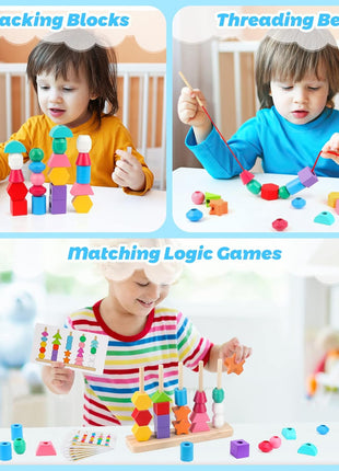 Montessori Wooden Beads Sequencing Toy Set, Stacking Blocks & Lacing Beads & Matching Shape Stacker, Montessori Toys for 3 4 5 Year Old STEM Preschool Learning Toys Gifts for Kids Boy Girl Toddler