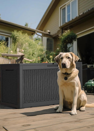 100 Gallon Deck Box,Resin Outdoor Storage Box with Lockable for Patio Furniture, Pool Accessories, Garden Tools Waterproof Outside Storage Box, Black