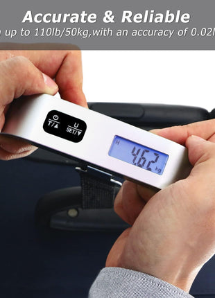 travel inspira Luggage Scale, Portable Digital Hanging Baggage Scale for Travel, Suitcase Weight Scale with Rubber Paint, 110 Pounds, Battery Included - Silver