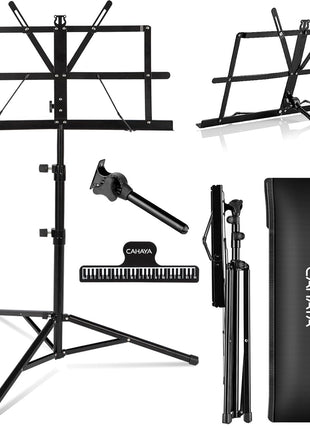 CAHAYA Portable Sheet Music Stand: Dual Use Desktop Book Holder Folding Lightweight Extra Stable Reinforced with Carrying Bag and Clip for Students Musicians Height Adjustable up to 54.3 inch CMS0204