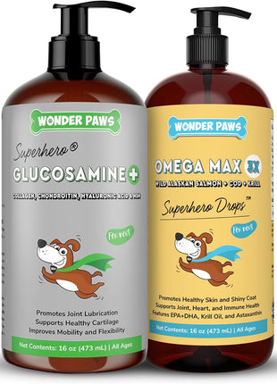 Liquid Glucosamine Superhero Drops Plus Omega Max Fish Oil - for Dog's Mobility, Skin and Joint Care & Immune Support – Liquid Glucosamine 16 Ounces - Omega Max 16 Ounces