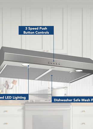 Broan-NuTone BCSQ130SS Three-Speed Glacier Under-Cabinet Range Hood with LED Lights ADA Capable, 1.5 Sones, 375 Max Blower CFM, 30-Inch, Stainless Steel