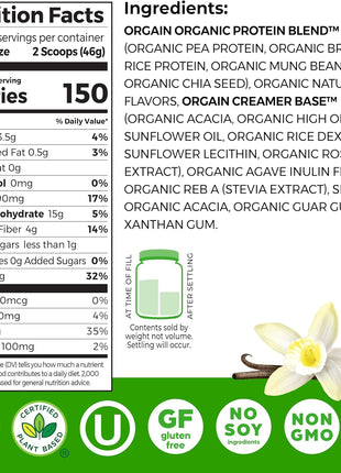 Orgain Organic Vegan Protein Powder, Vanilla Bean   21g Plant Protein, 4g Prebiotic Fiber, No Lactose Ingredients, No Added Sugar, Non GMO, For Shakes & Smoothies, 2.03 lb (Packaging May Vary)