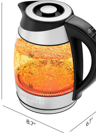 Chefman Electric Kettle with Temperature Control, 5 Presets LED Indicator Lights, Removable Tea Infuser, Glass Tea Kettle & Hot Water Boiler, 360° Swivel Base, BPA Free, Stainless Steel, 1.8 Liters
