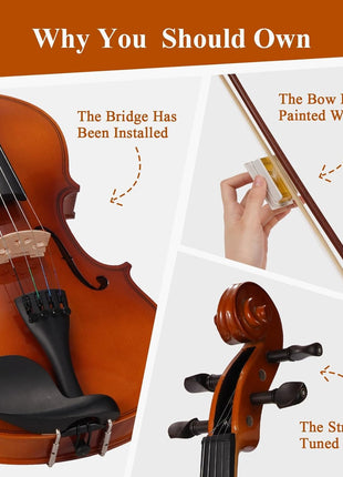 PHOENIX Violin 4/4 Full Size Kit, Violin Fiddle Set for Beginner Adults Student with Rosewood Bow Extra Strings & Bridge (Natural, 4/4)