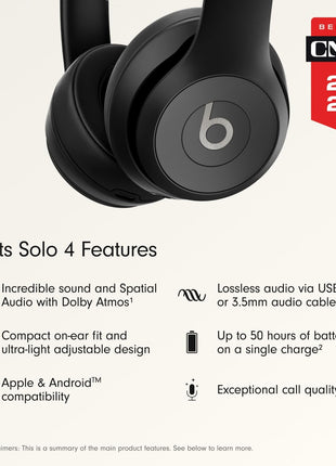 Beats Solo 4 - Wireless On-Ear Bluetooth Headphones, Up to 50-Hour Battery Life, Ultra-Lightweight Comfort, Powerful and Balanced Sound, Apple & Android Compatible - Matte Black