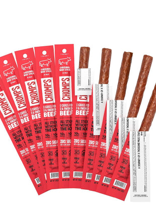 Chomps Grass-Fed and Finished Original Beef Jerky Snack Sticks 10-Pack - Keto, Paleo, Whole30, 10g Lean Meat Protein, Gluten-Free, Zero Sugar Food, Non-GMO