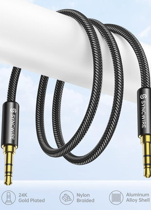 Syncwire 3.5mm Nylon Braided Aux Cable (3.3ft/1m,Hi-Fi Sound), Audio Auxiliary Input Adapter Male to Male Cord for Headphones, Car, Home Stereos, Speaker, iPhone, iPad, iPod, Echo & More – Black